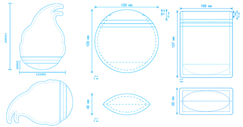 Dielines for die-cut, round and stand-up pouch shapes