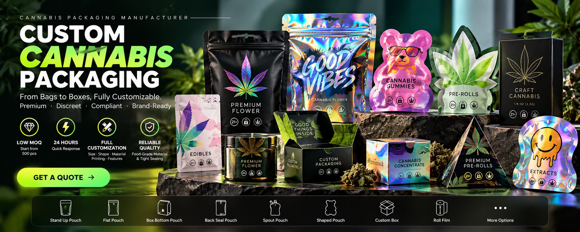 Custom packaging made to order: stand-up pouches, shaped pouches, boxes and jars
